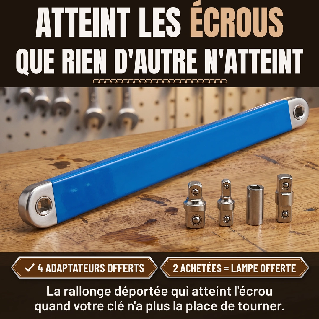 PassePartout, la rallonge déportée qui atteint les écrous que rien d'autre n'atteint, avec ses 4 adaptateurs