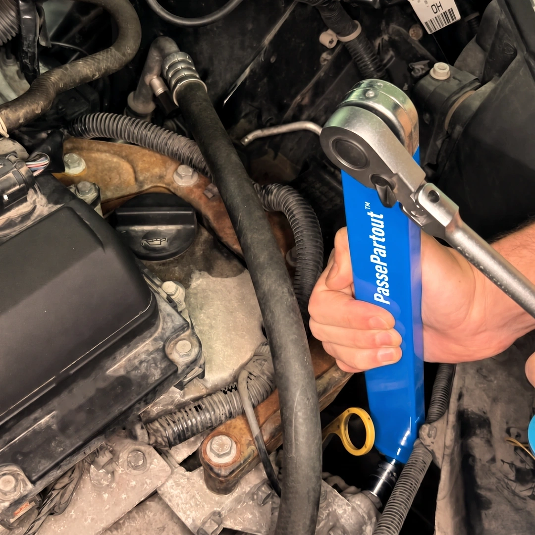 Rallonge et cliquet dans le compartiment moteur d'une voiture
