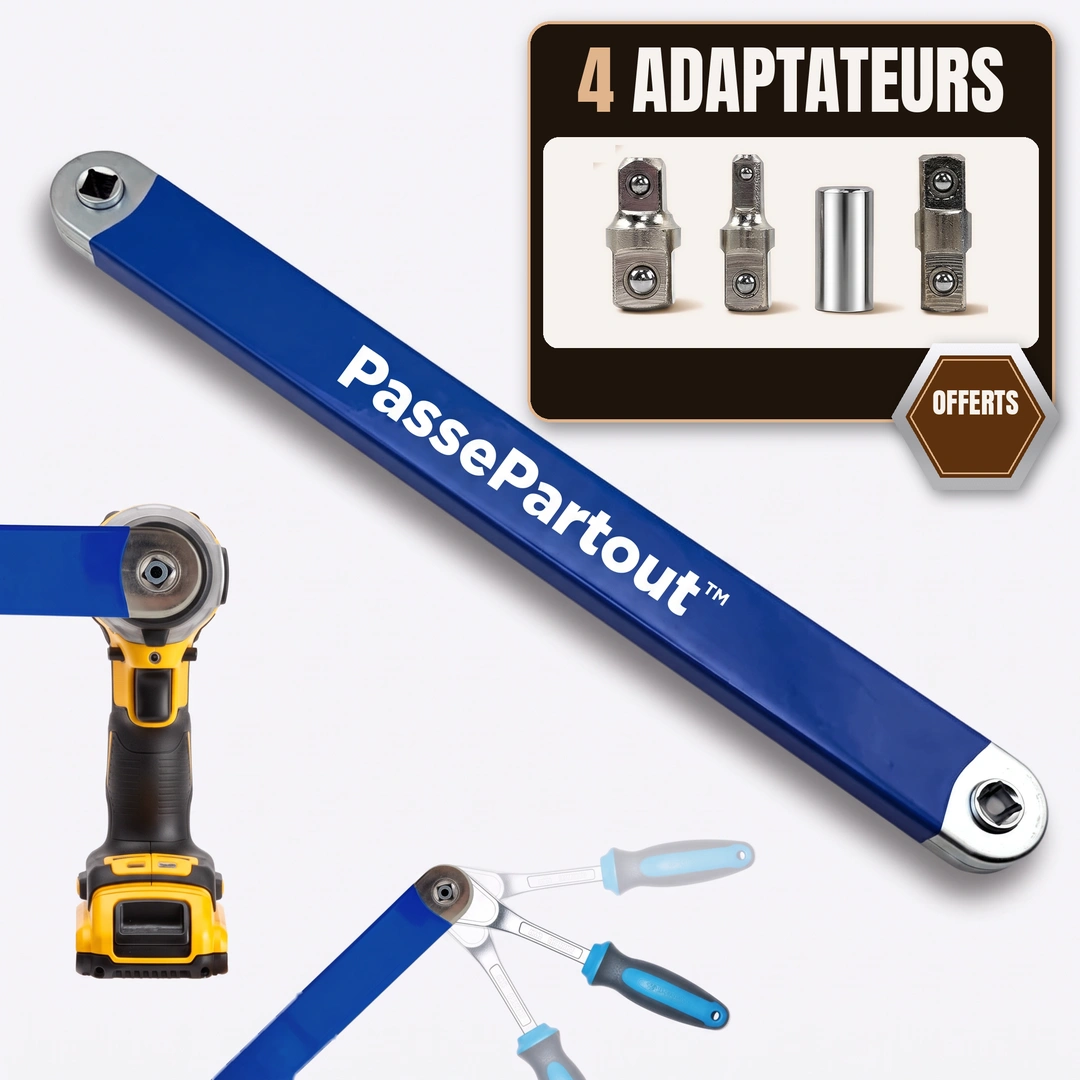 La rallonge PassePartout, compatible cliquet, visseuse à chocs et perceuse, 4 adaptateurs offerts