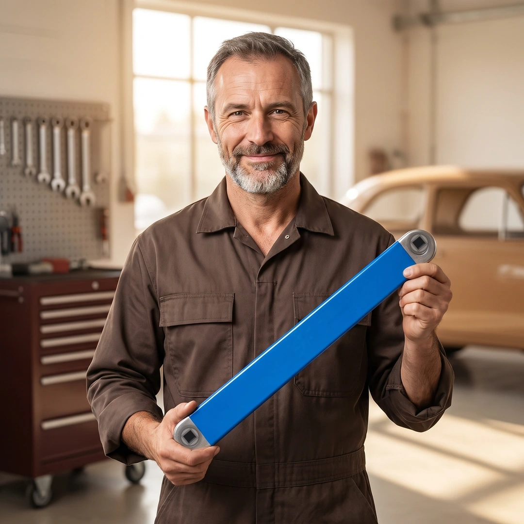 Un bricoleur souriant tient sa rallonge PassePartout dans son garage