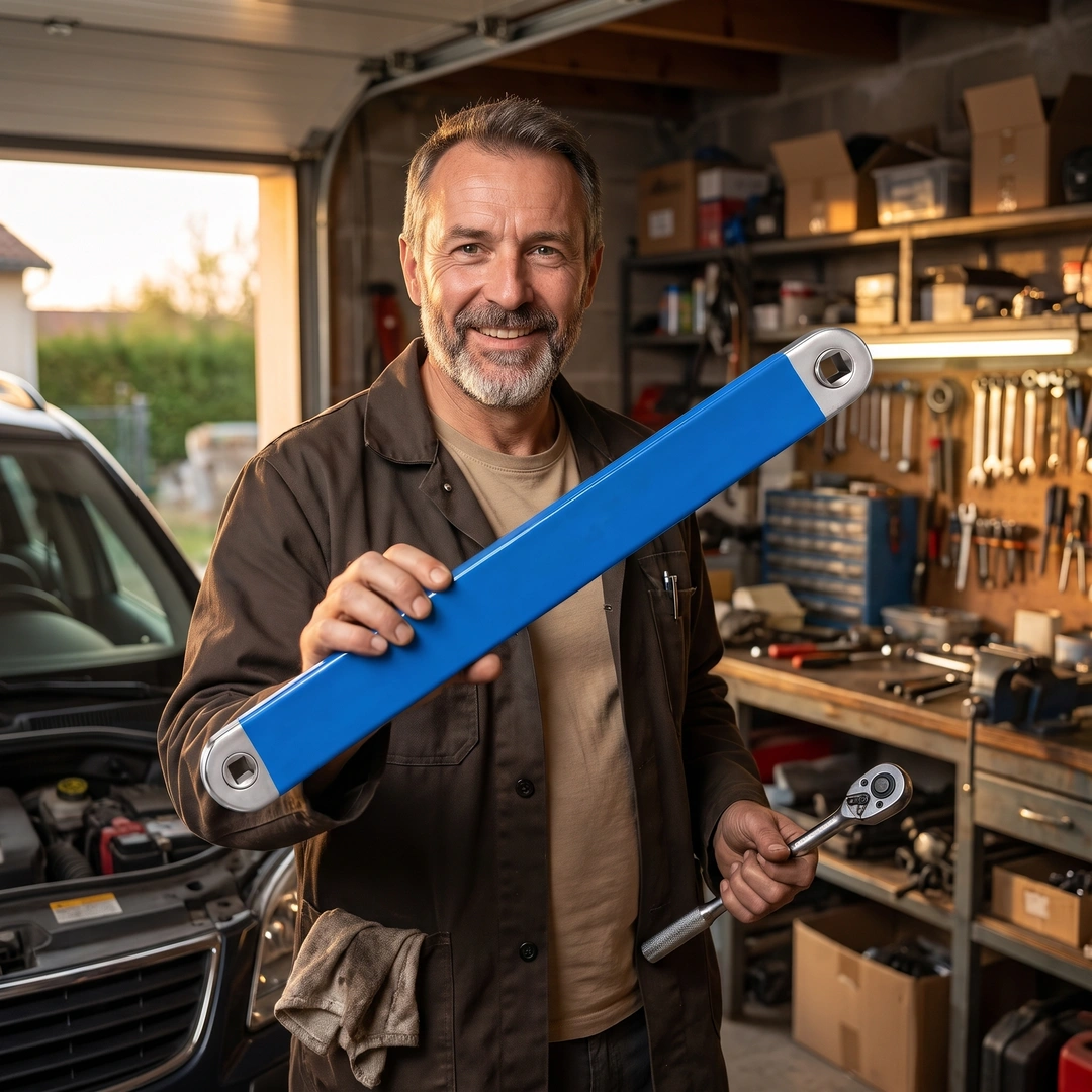 Un bricoleur fier dans son garage, capot ouvert, la rallonge en main